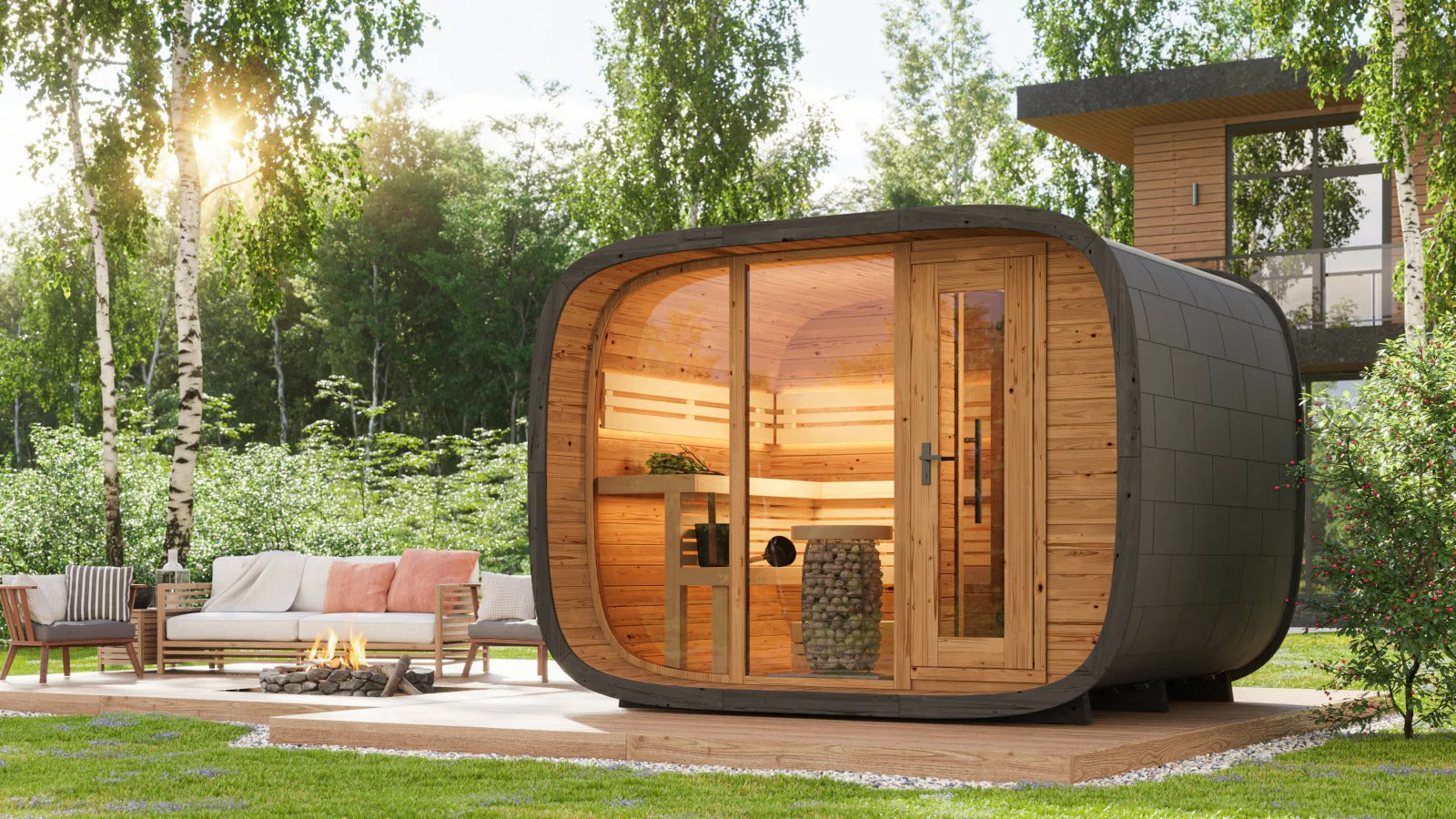 Mirage Outdoor Round Cube Sauna With Changing Room (L-Bench)